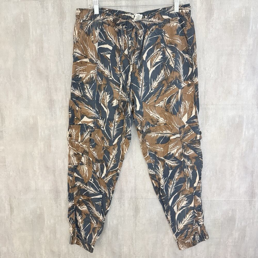 Nicole Miller Cargo Jogger Pants XL Navy/Brown Palm Print Lyocell Pull-on Beach